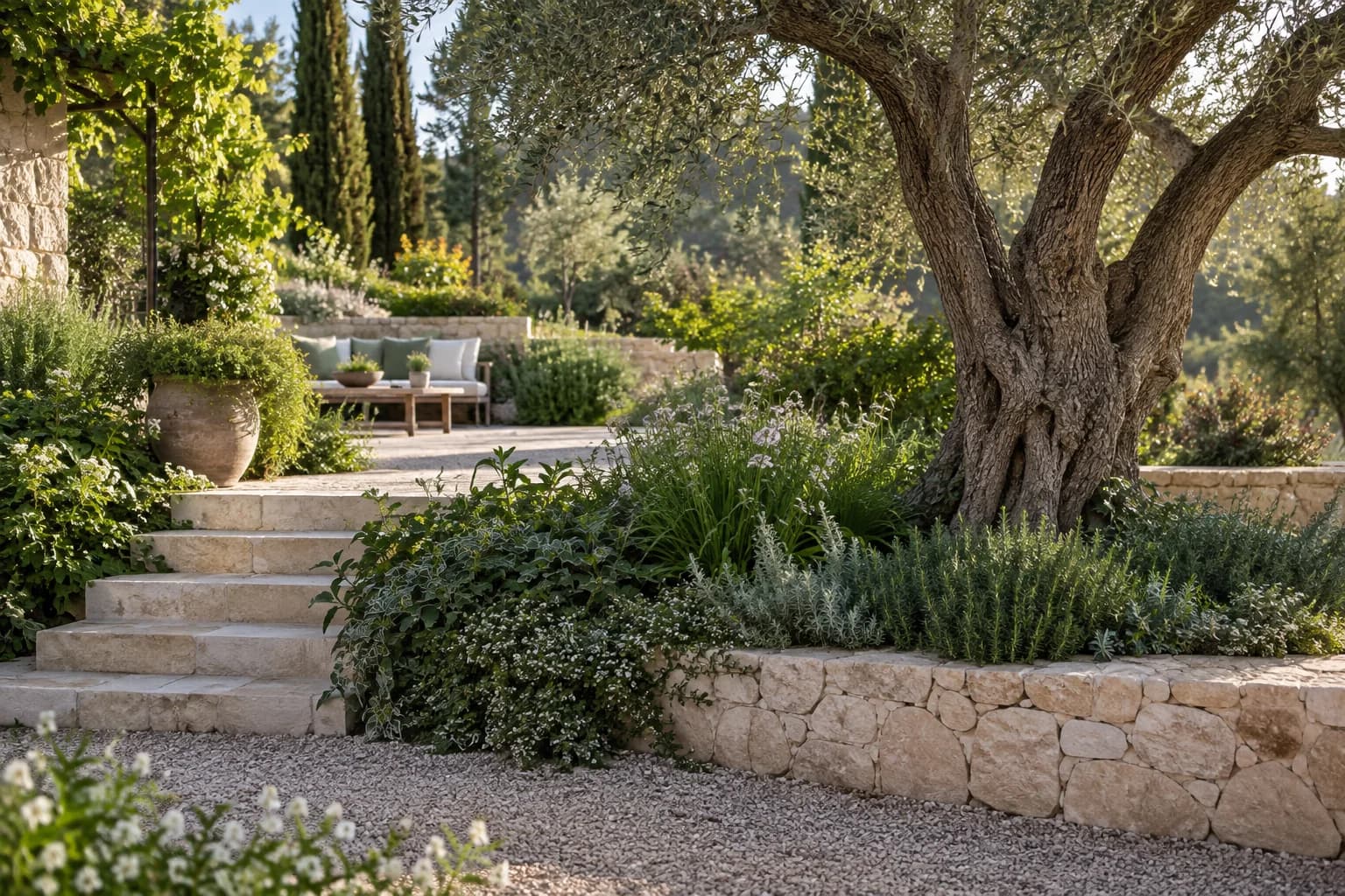 ערוגות מטופלות סביב עצים מבוססים בגינה