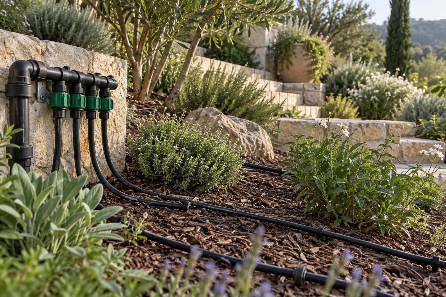 צינורות טפטוף בין צמחים בערוגה