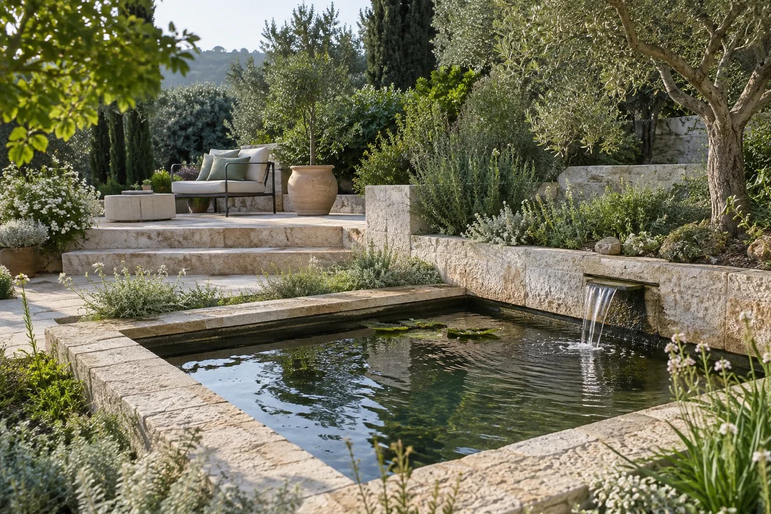 אלמנט מים מוקף צמחייה בגינה