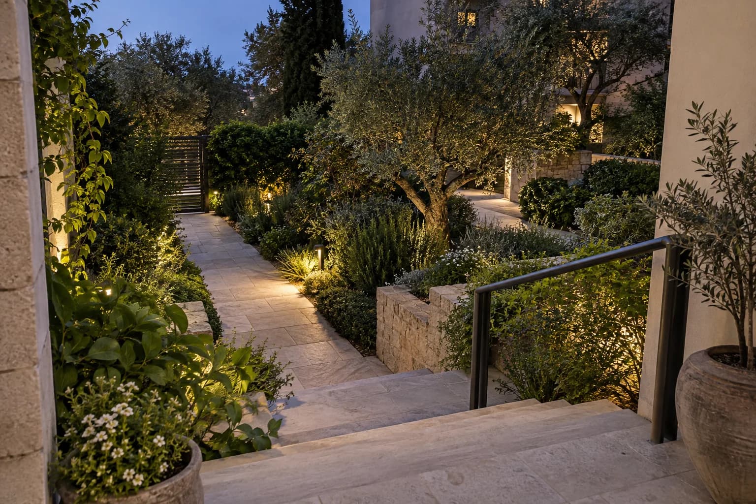 תאורת שביל וצמחייה בשעות הערב