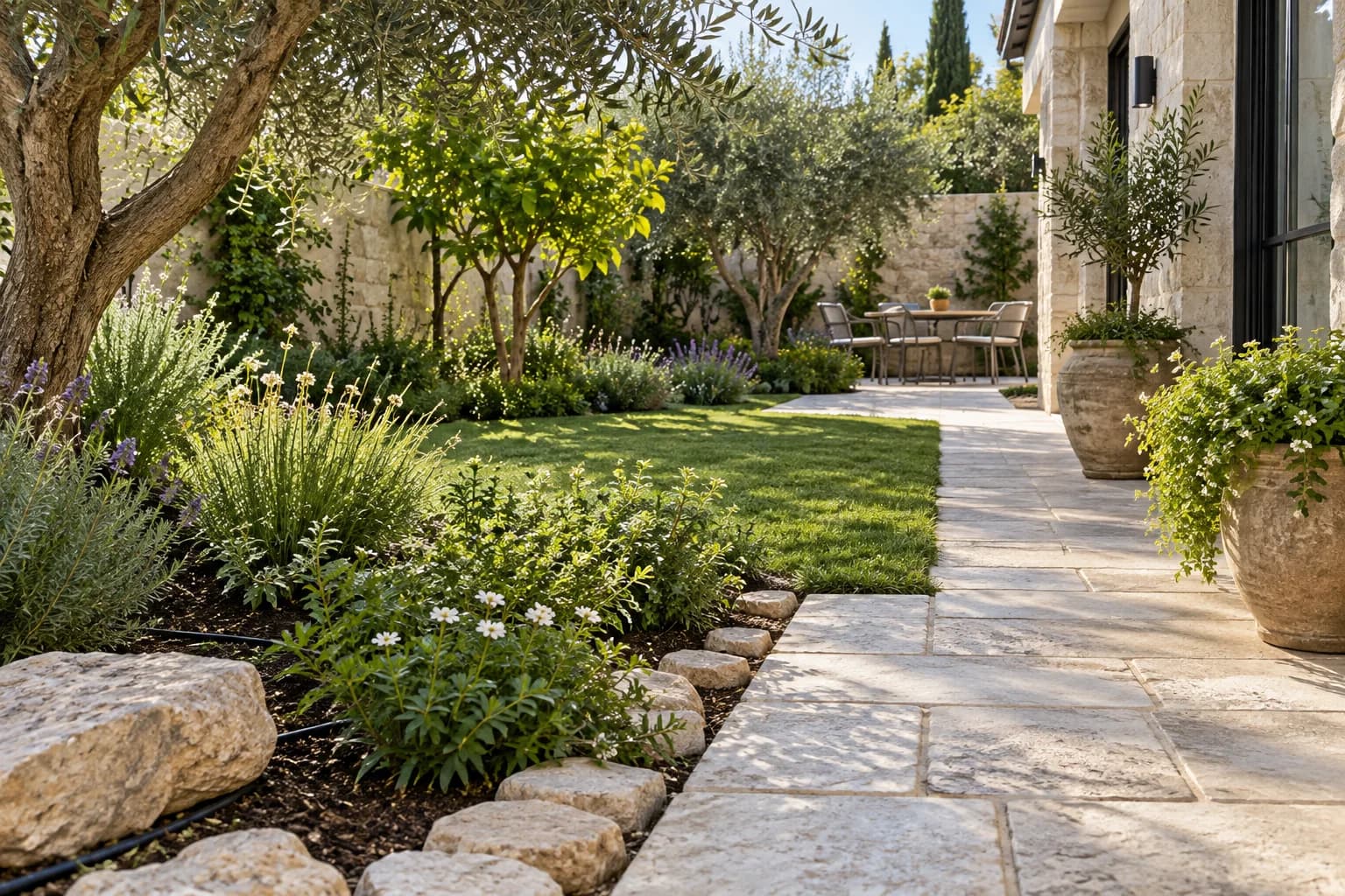 ערוגות שתילה חדשות לצד שביל ומדשאה