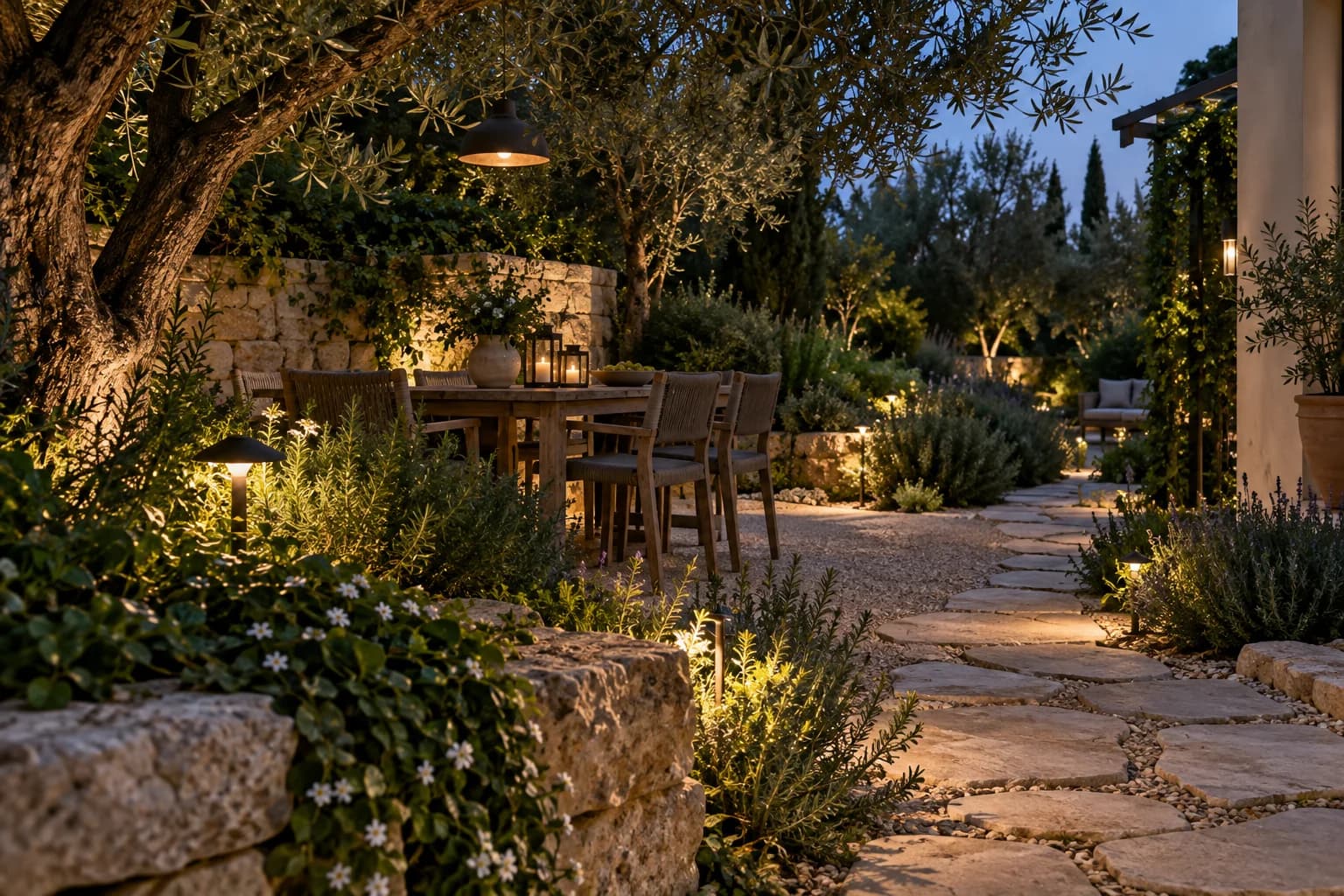 תאורת שביל וצמחייה בשעות הערב