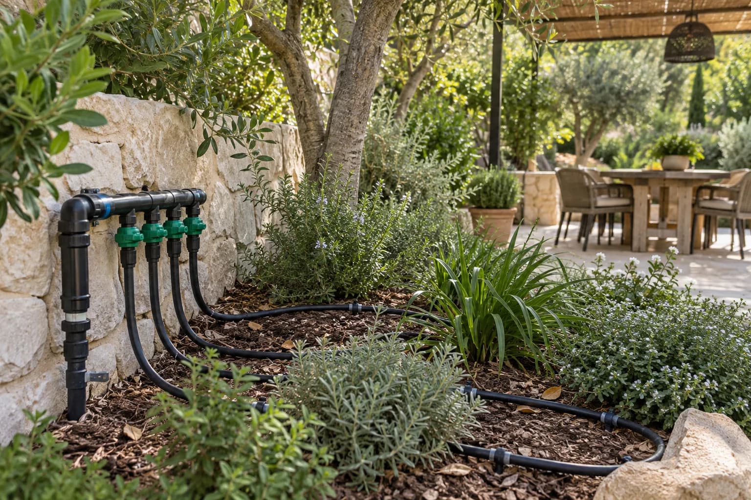 צינורות טפטוף בין צמחים בערוגה