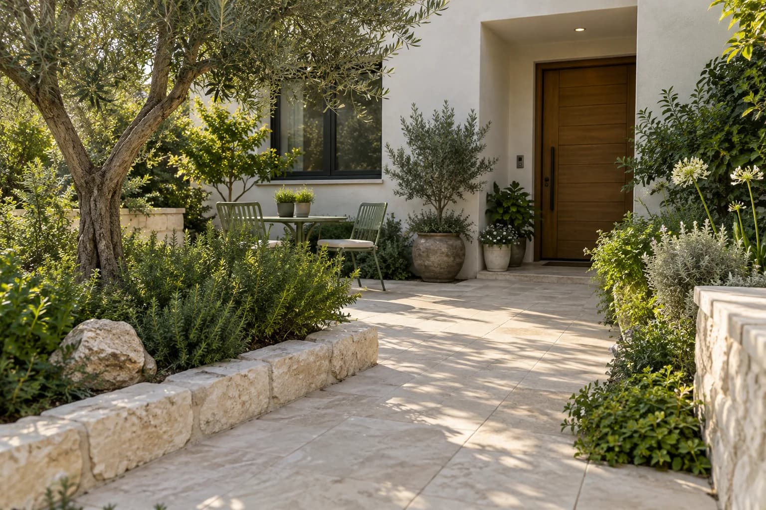 ערוגות ושביל בכניסה לבניין