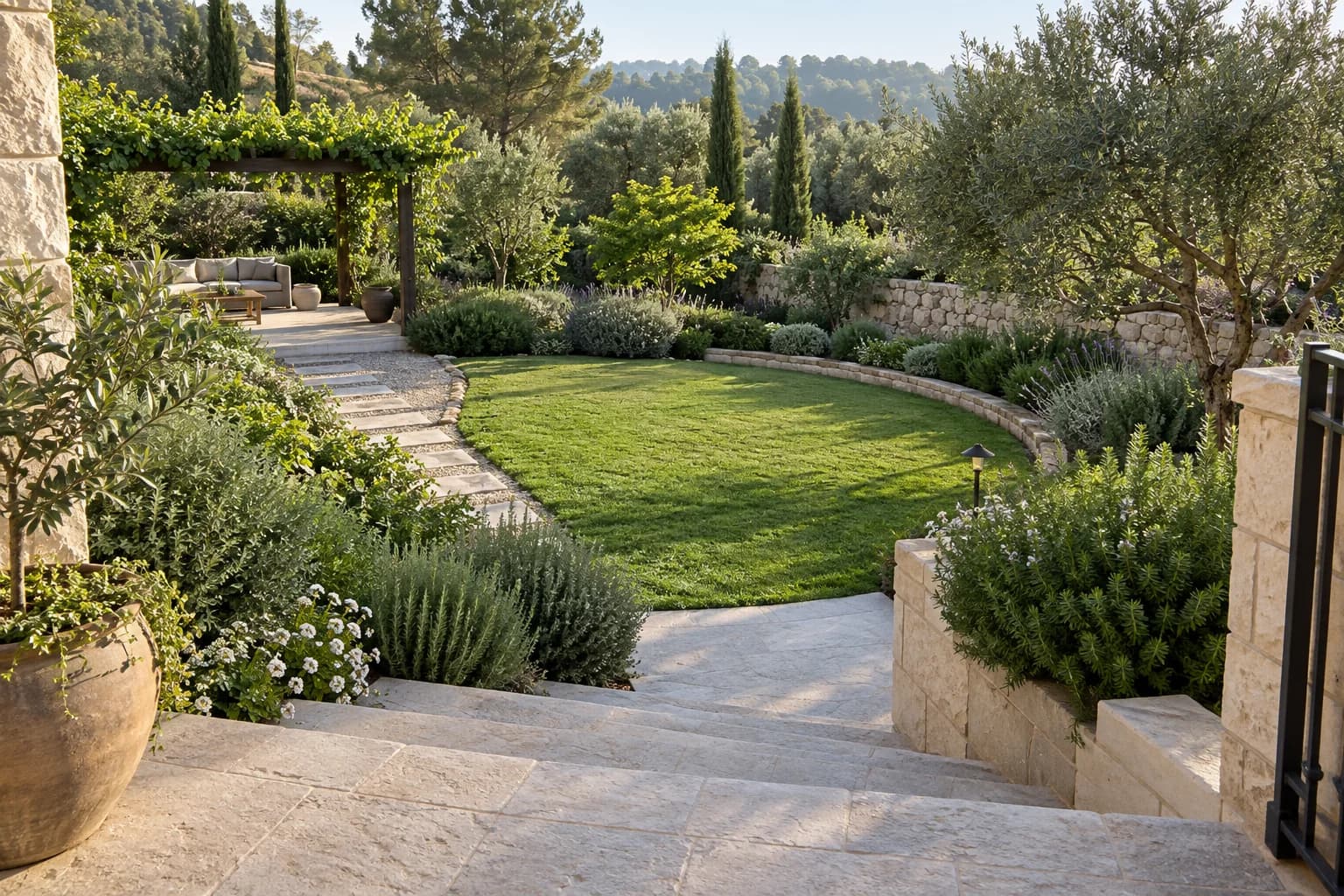 גינה מטופחת עם שיחים, שביל ומדשאה