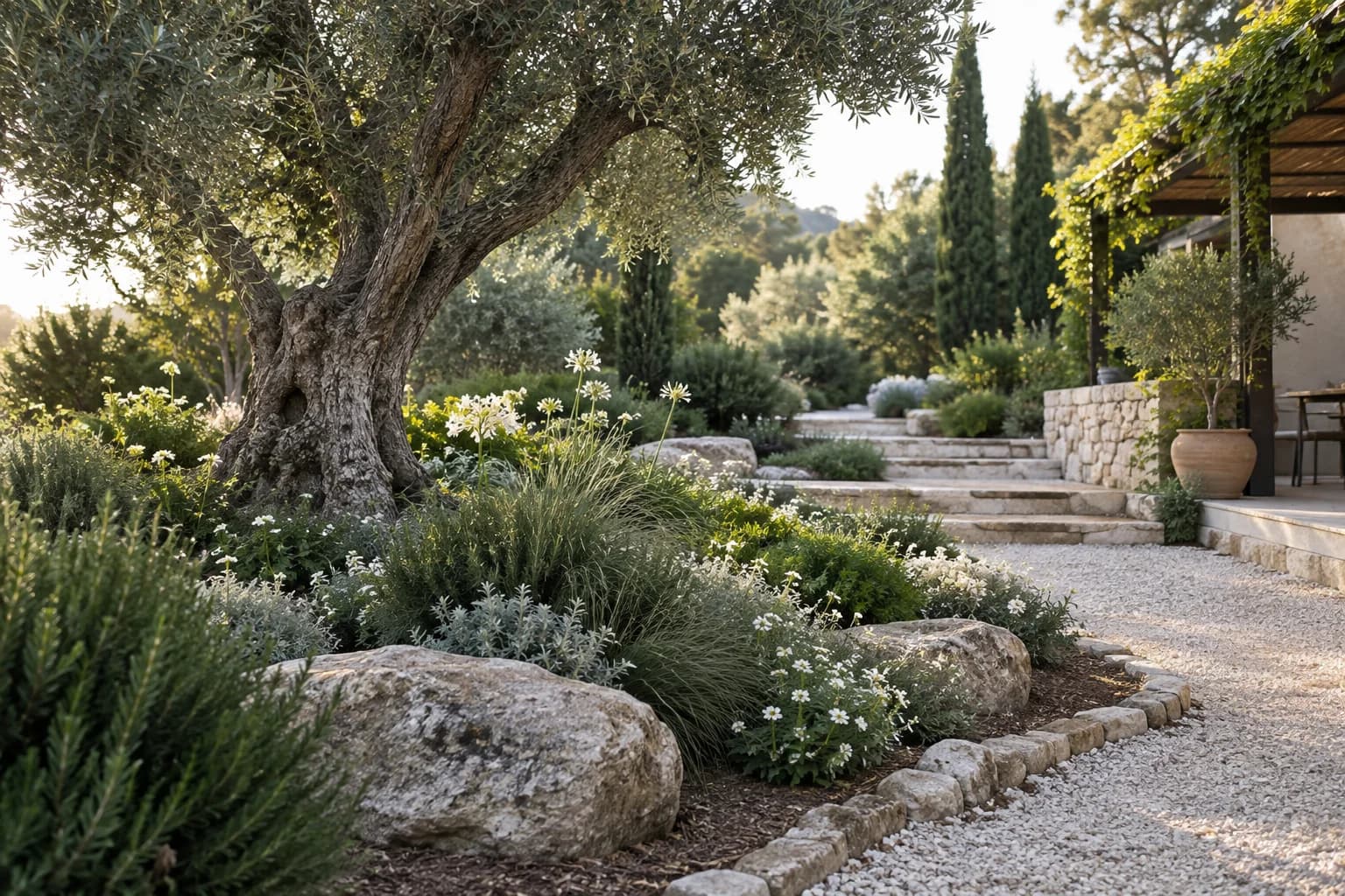 ערוגות מטופלות סביב עצים מבוססים בגינה